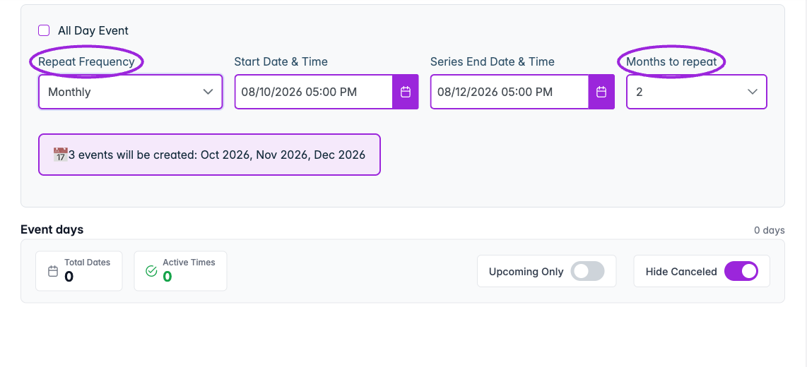 Monthly recurrence includes Months to repeat as an optional helper for setting the series end date. Review the occurrence summary before saving.