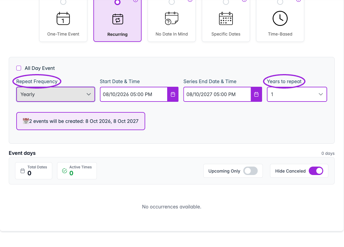 Yearly recurrence includes Years to repeat as an optional helper for setting the series end date. Check the occurrence summary before saving.