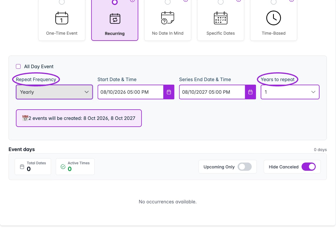 Yearly recurrence includes Years to repeat as an optional helper for setting the series end date. Check the occurrence summary before saving.