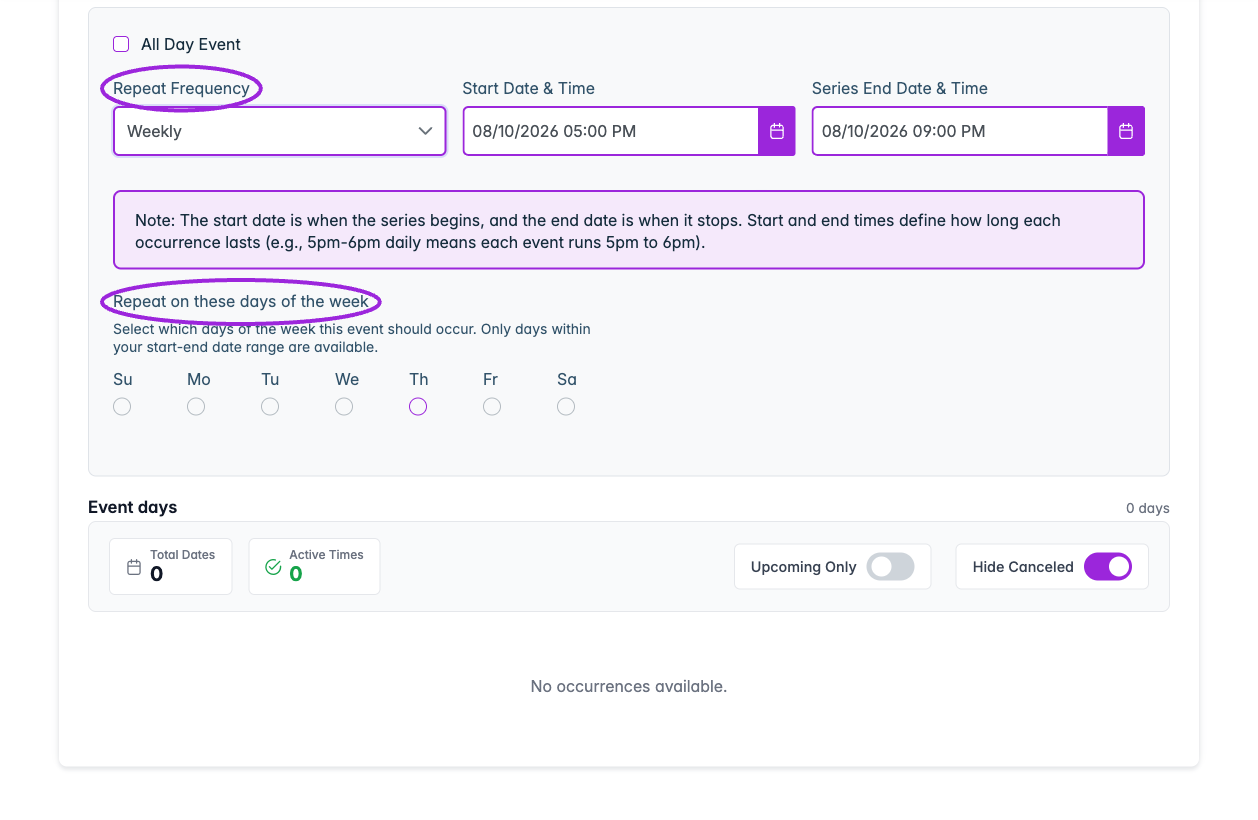 Weekly recurring events let you choose the repeat weekdays. Monthly and yearly frequencies expose their own repeat rules.