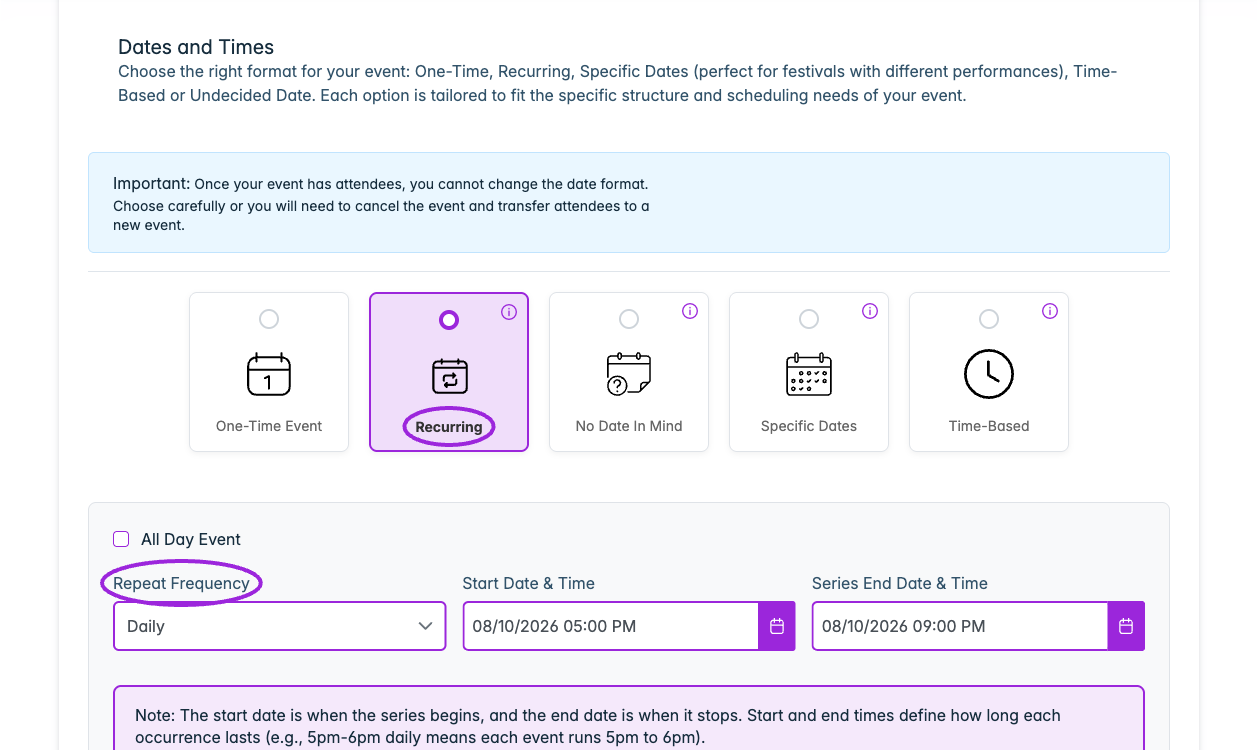 Recurring schedules define a repeat frequency, series start and end, and the time range of each occurrence. This is an unsaved configuration example.