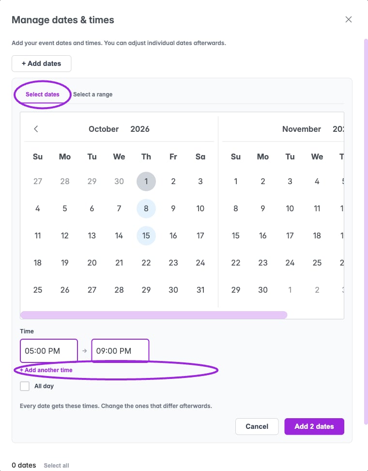 Manage dates & times → Add dates lets you select individual dates or a range and add one or more time ranges. This example selects two dates without saving them.