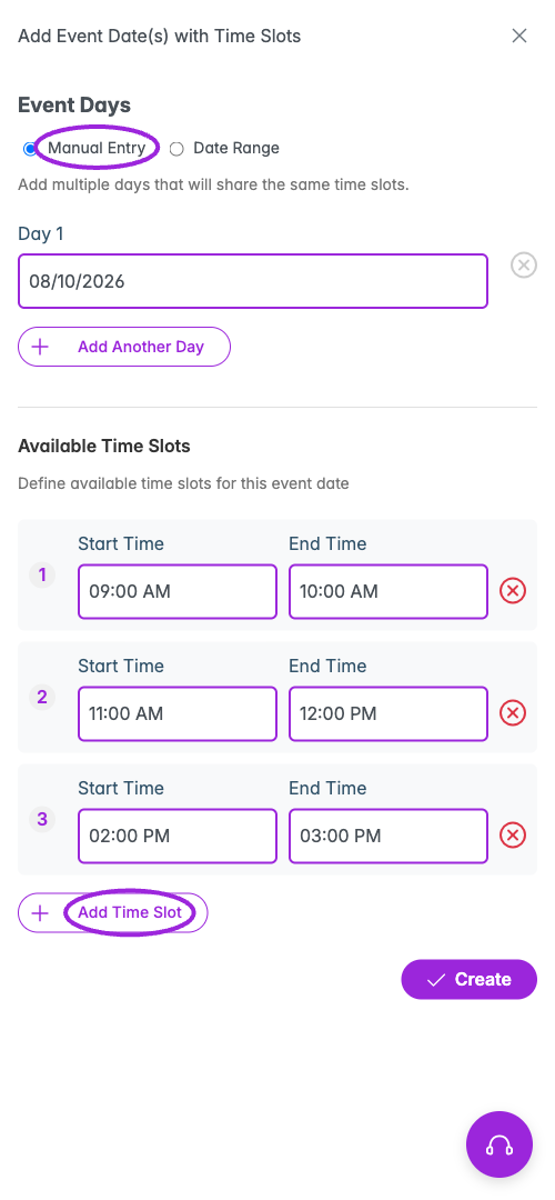 Time-Based → Add Times opens manual day entry and multiple available time slots. Create saves this schedule; this is the setup form before creation.