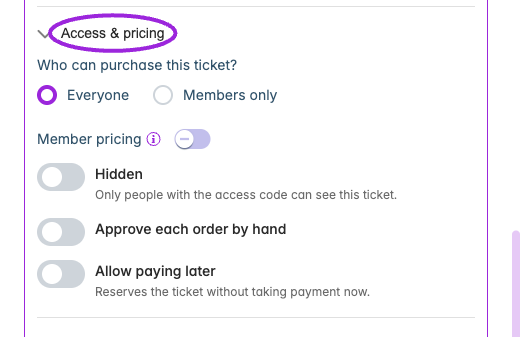 Custom date ticket → Access & pricing. These controls apply to this date’s own tickets; use Save changes in the date drawer to save edits.