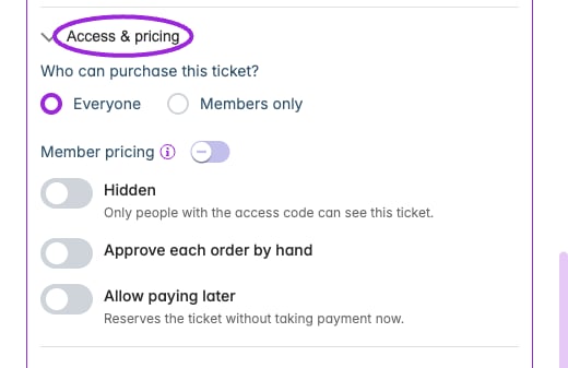 Custom date ticket → Access & pricing. These controls apply to this date’s own tickets; use Save changes in the date drawer to save edits.