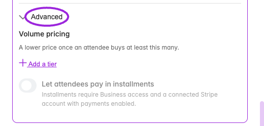 Custom date ticket → Advanced. These controls apply to this date’s own tickets; use Save changes in the date drawer to save edits.