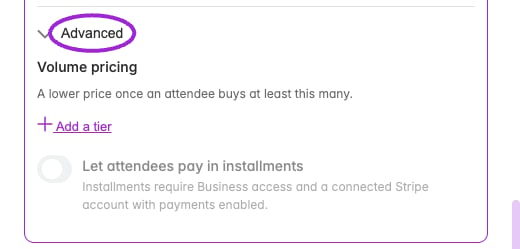 Custom date ticket → Advanced. These controls apply to this date’s own tickets; use Save changes in the date drawer to save edits.
