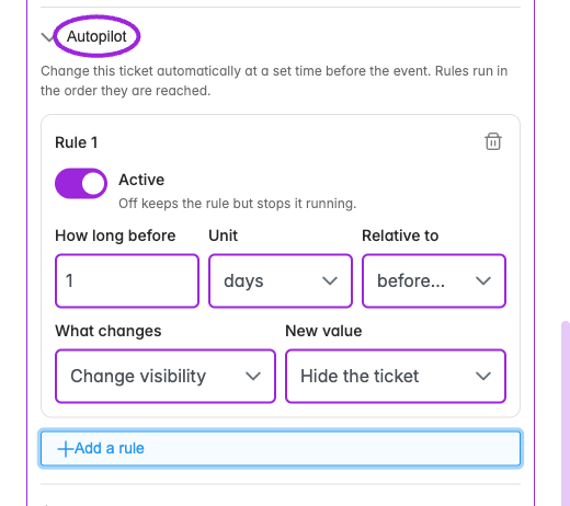 Autopilot rules specify a time before the event starts or ends and an action. Review the rule and any conflicts before saving.
