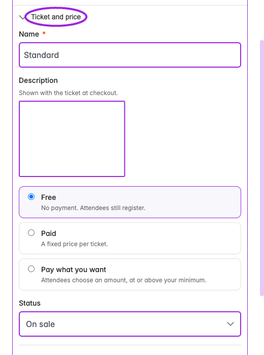 Custom date ticket → Ticket and price. These controls apply to this date’s own tickets; use Save changes in the date drawer to save edits.