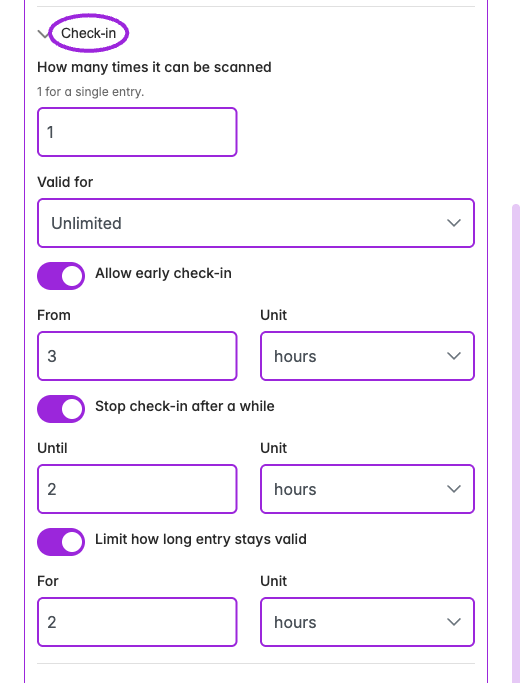 Enable a check-in timing control to show its amount and unit. The current day-editor labels should be checked against the saved admission behavior before changing a live event.