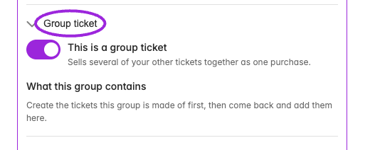 A group ticket sells other tickets together. Add component tickets and quantities; this unsaved example shows the group setup.