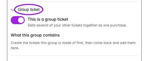 A group ticket sells other tickets together. Add component tickets and quantities; this unsaved example shows the group setup.