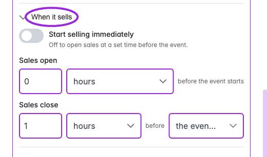 Turn off Start selling immediately to configure Sales open. Choose an opening earlier than Sales close; this unsaved form shows the controls before a valid schedule is entered.