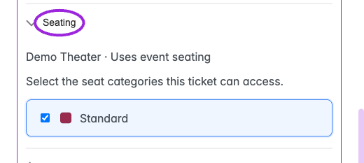 Custom-date Seating section with Demo Theater, Uses event seating, and Standard category selected
