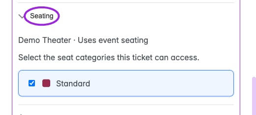 Custom-date Seating section with Demo Theater, Uses event seating, and Standard category selected