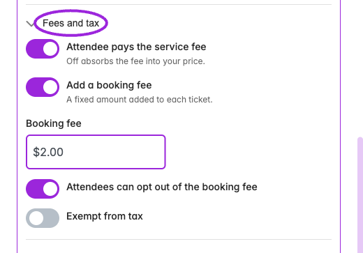 Custom-day Fees and tax can pass or absorb service fees, add a fixed booking fee, allow opting out, and exempt the ticket from tax. This example is unsaved.