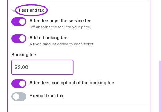 Custom-day Fees and tax can pass or absorb service fees, add a fixed booking fee, allow opting out, and exempt the ticket from tax. This example is unsaved.