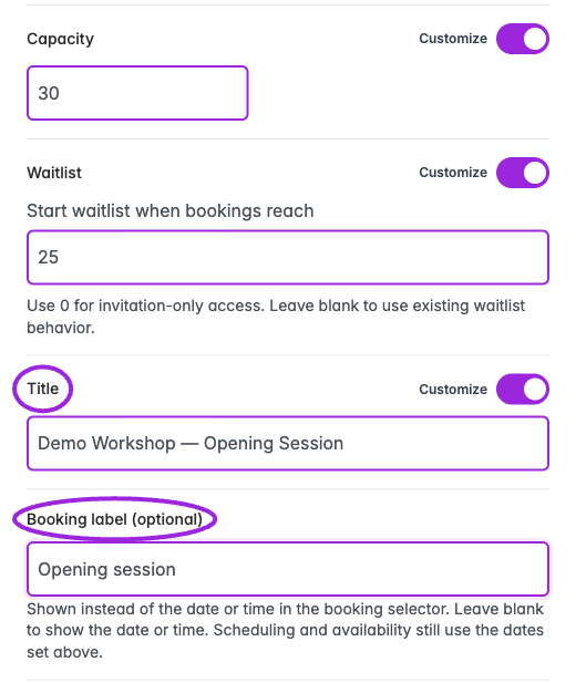 Custom date title and optional booking label highlighted