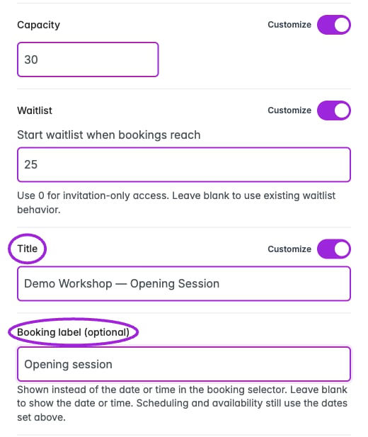 Custom date title and optional booking label highlighted