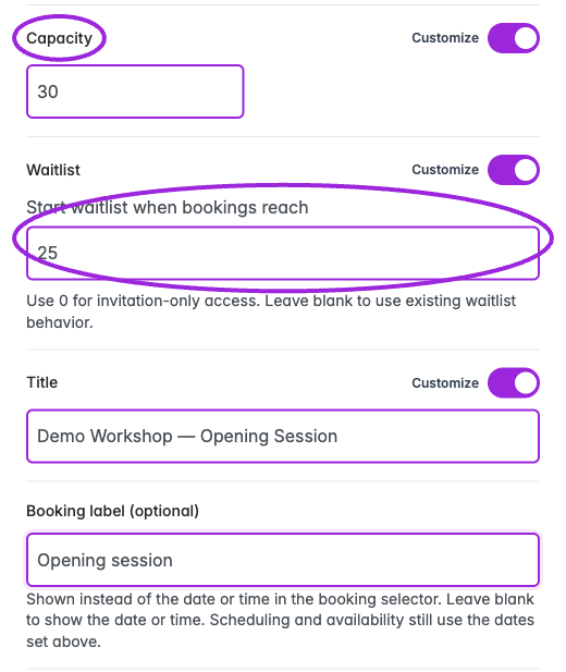 Date capacity set to 30 and waitlist threshold set to 25