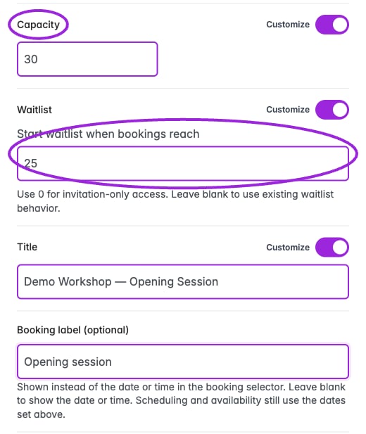 Date capacity set to 30 and waitlist threshold set to 25