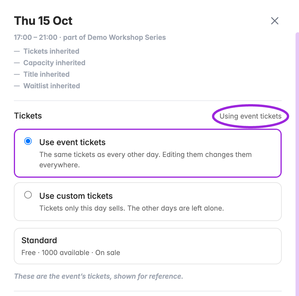 After confirming, the date uses the event tickets again. Its own tickets are retained but no longer sold while shared tickets are selected.