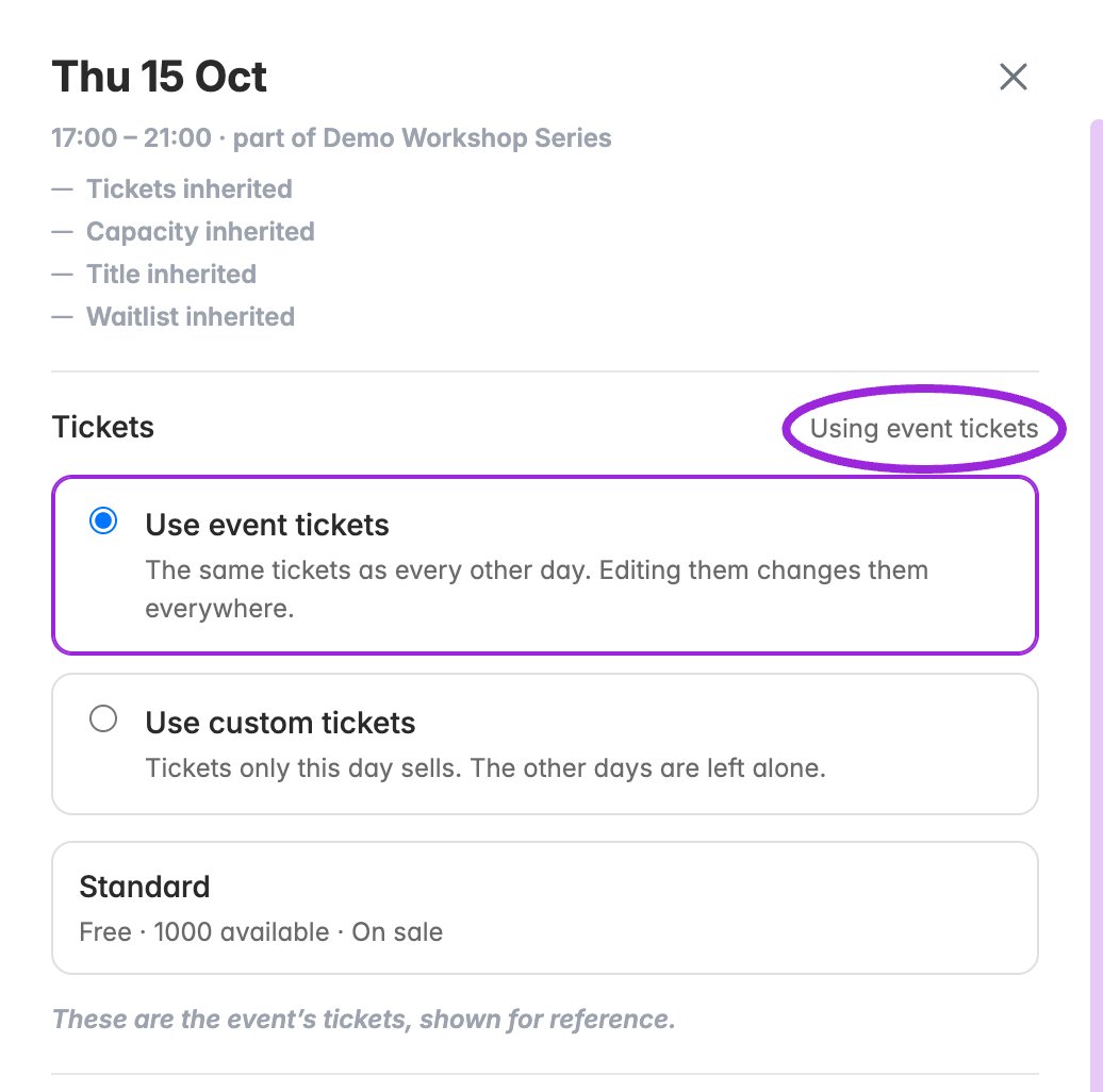 After confirming, the date uses the event tickets again. Its own tickets are retained but no longer sold while shared tickets are selected.