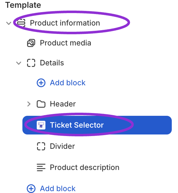 Ticket Selector app block inside Product information and Details