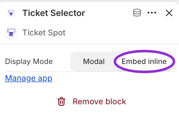 Ticket Selector settings in Shopify with Embed inline highlighted