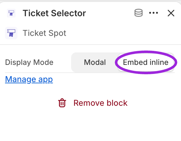 Ticket Selector settings in Shopify with Embed inline highlighted