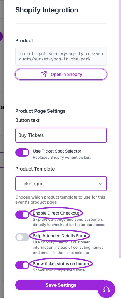 Direct Checkout, Skip Attendee Details Form, and ticket-status controls highlighted