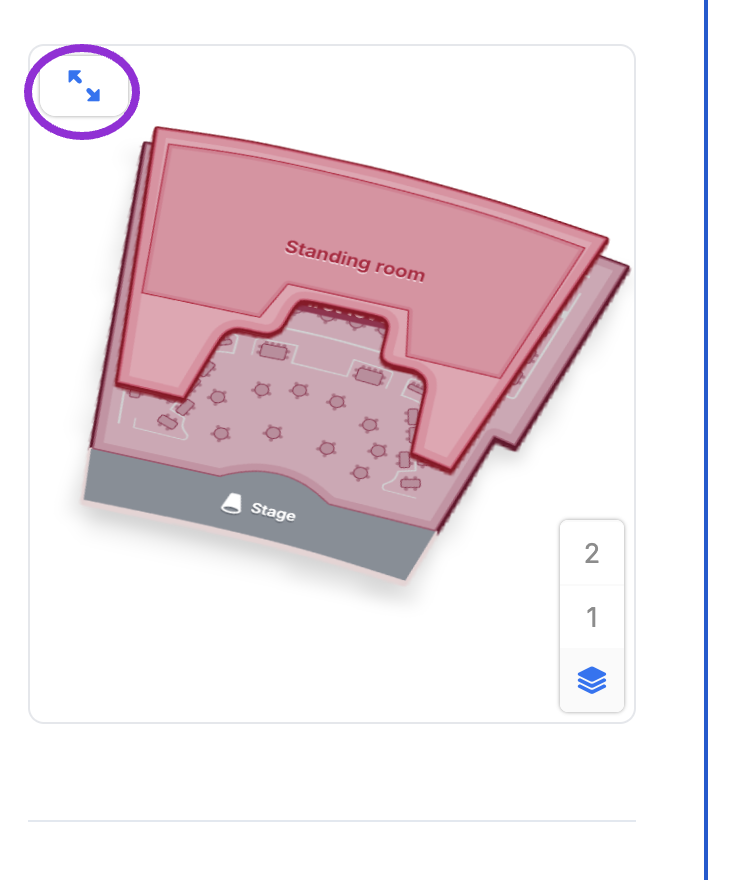 Shopify Ticket Selector seating chart with the enlarge-map control highlighted