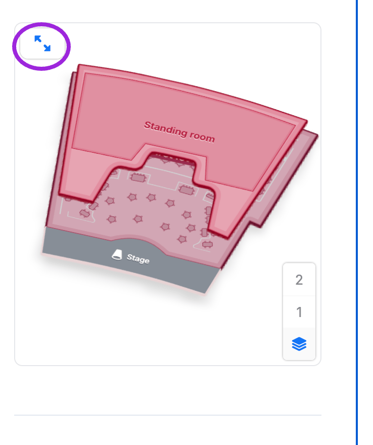 Shopify Ticket Selector seating chart with the enlarge-map control highlighted