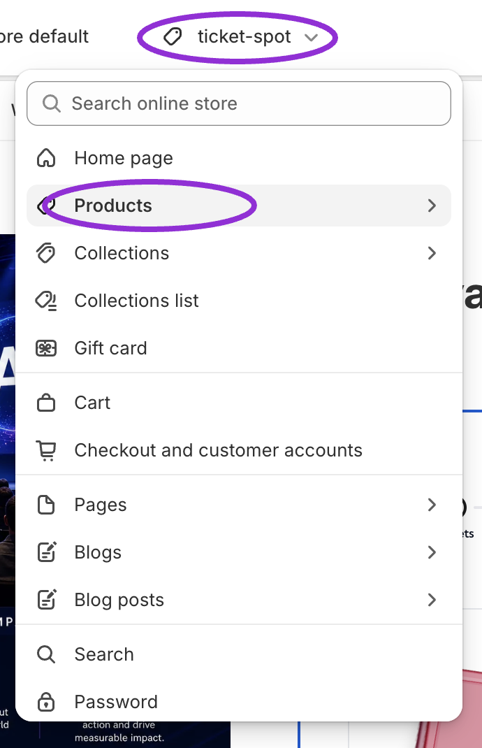 Shopify theme template picker with Products circled