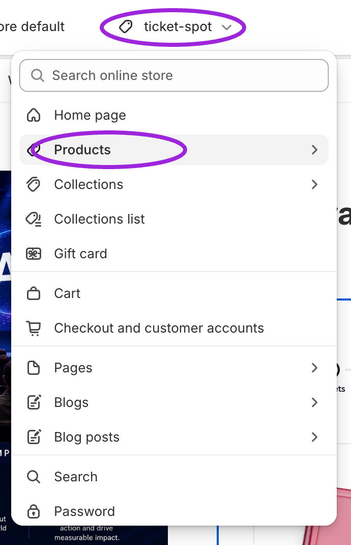 Shopify theme template picker with Products circled
