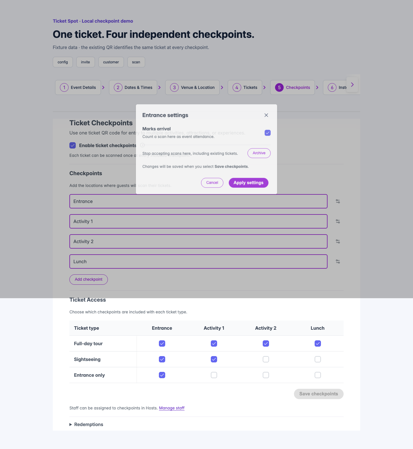 Checkpoints tab in the event editor with a per-ticket-type checkbox matrix for three tourism packages.