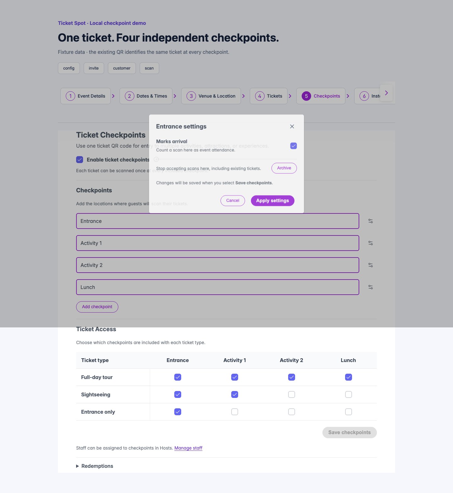Checkpoints tab in the event editor with a per-ticket-type checkbox matrix for three tourism packages.