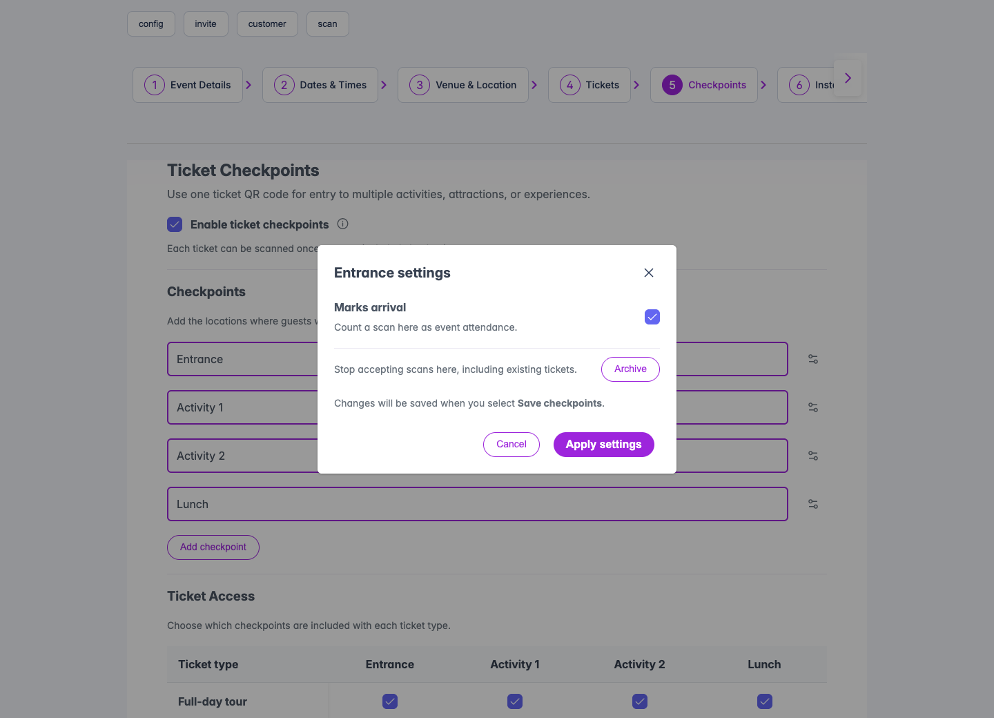 Entrance settings modal with Marks arrival, Archive, Cancel and Apply settings controls and a reminder that Save checkpoints saves the changes.