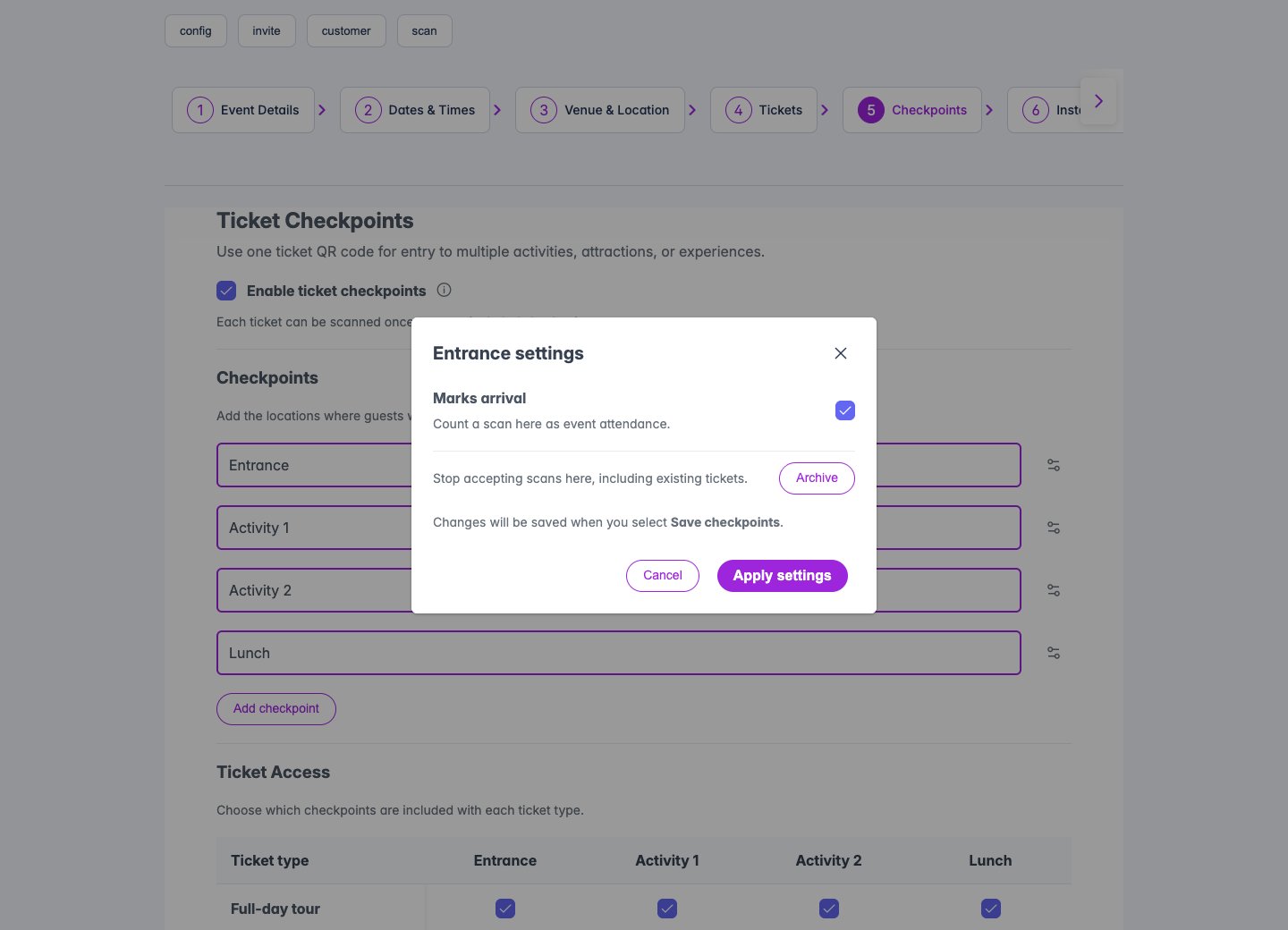 Entrance settings modal with Marks arrival, Archive, Cancel and Apply settings controls and a reminder that Save checkpoints saves the changes.
