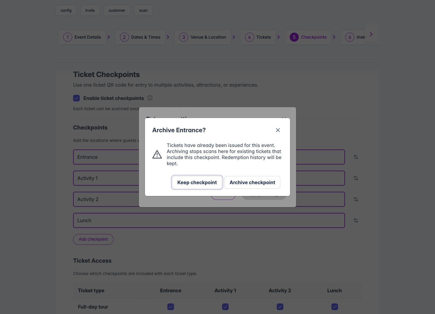 Archive Entrance confirmation with an existing-ticket warning, Keep checkpoint and Archive checkpoint buttons.