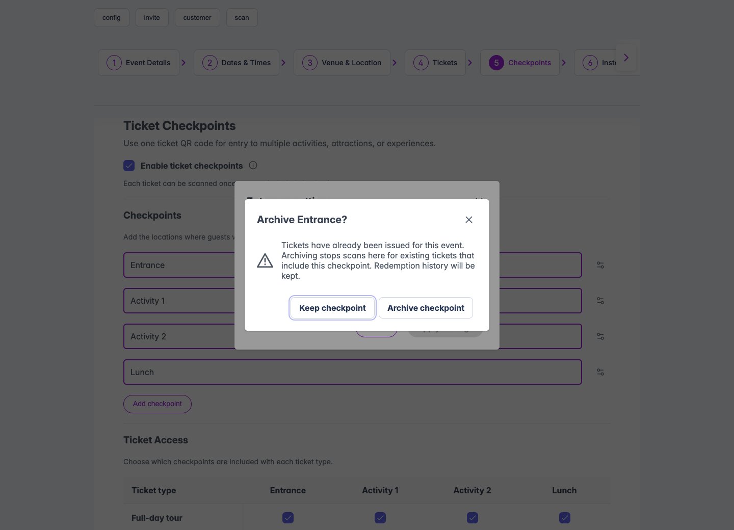 Archive Entrance confirmation with an existing-ticket warning, Keep checkpoint and Archive checkpoint buttons.