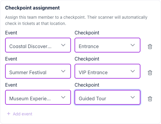 Checkpoint assignments for Coastal Discovery Tour at Entrance, Summer Festival at VIP Entrance and Museum Experience at Guided Tour.