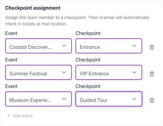 Checkpoint assignments for Coastal Discovery Tour at Entrance, Summer Festival at VIP Entrance and Museum Experience at Guided Tour.