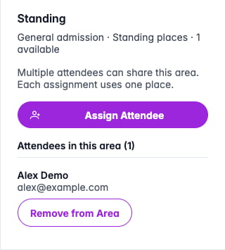 Standing area with Alex Demo assigned, one available place, and an enabled Assign Attendee button