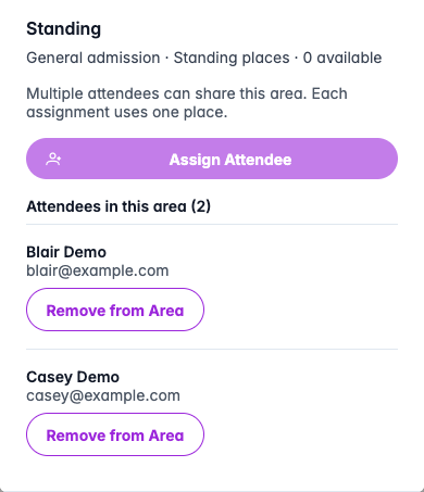 Mobile standing-area panel listing Blair Demo and Casey Demo without horizontal overflow