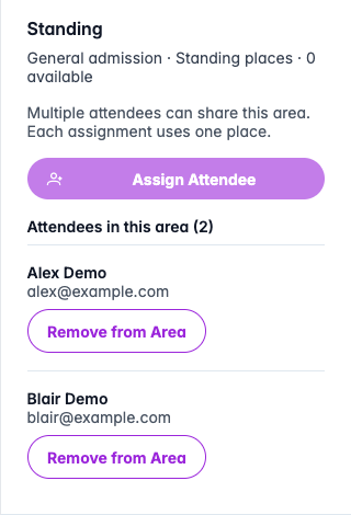 Full standing area listing Alex Demo and Blair Demo with separate Remove from Area buttons