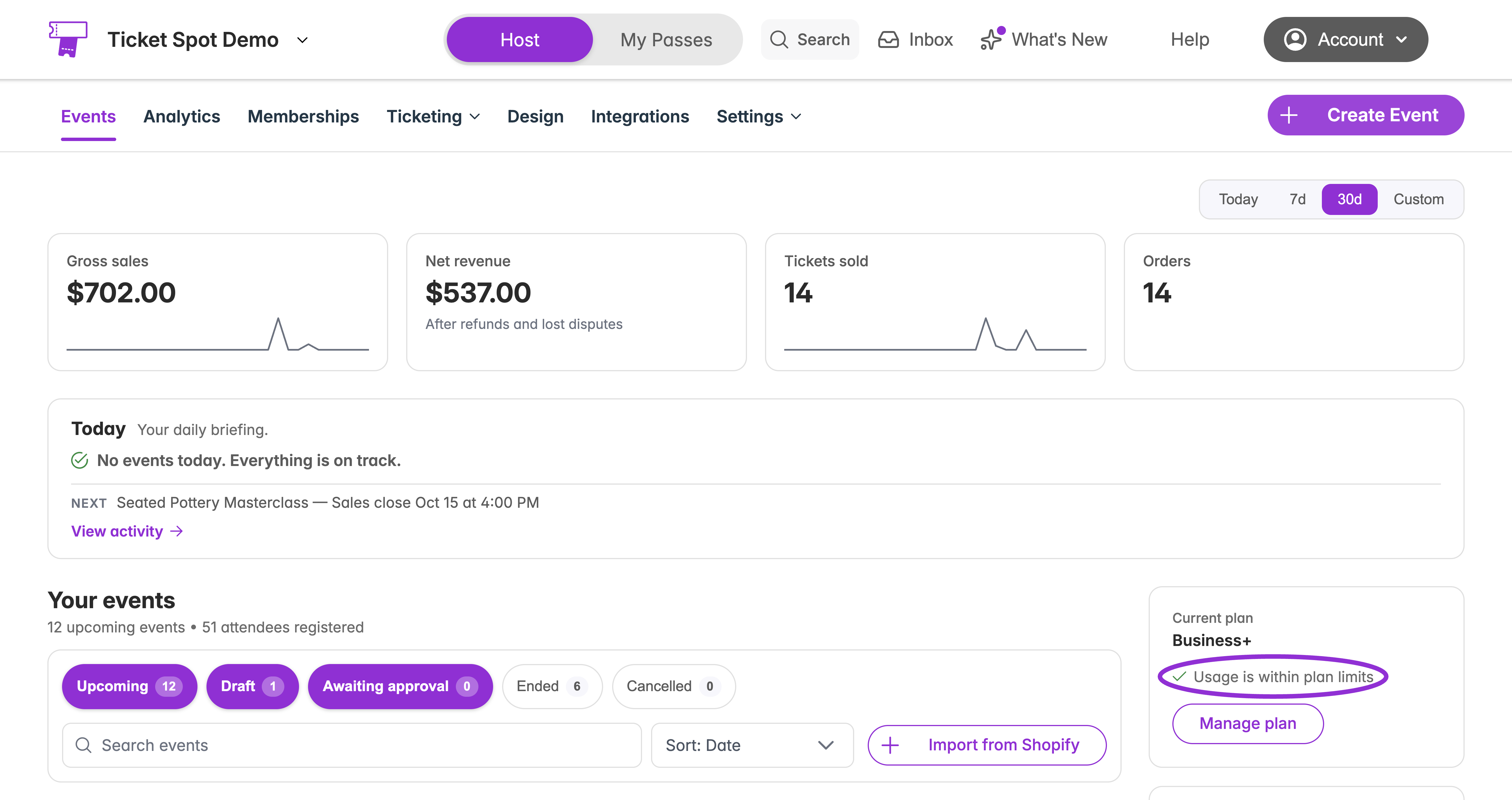 Ticket Spot Demo Events dashboard with the Current plan usage message highlighted