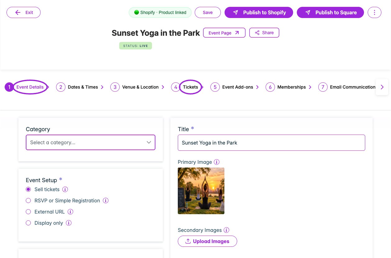 Open an event to find its setup steps, Save and Publish controls, and current status. Use the stepper arrows to reach later sections.