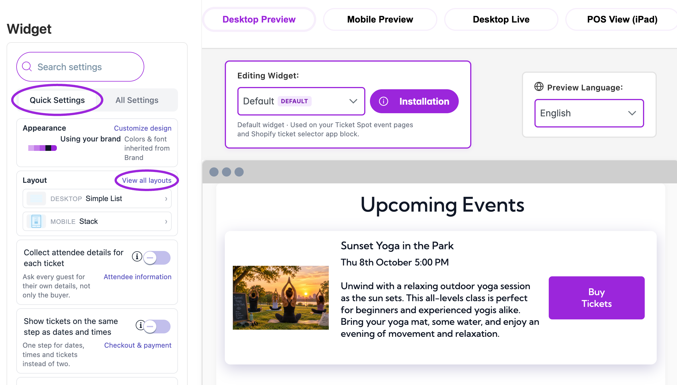 Design → Widget starts with Quick Settings beside the live event preview.