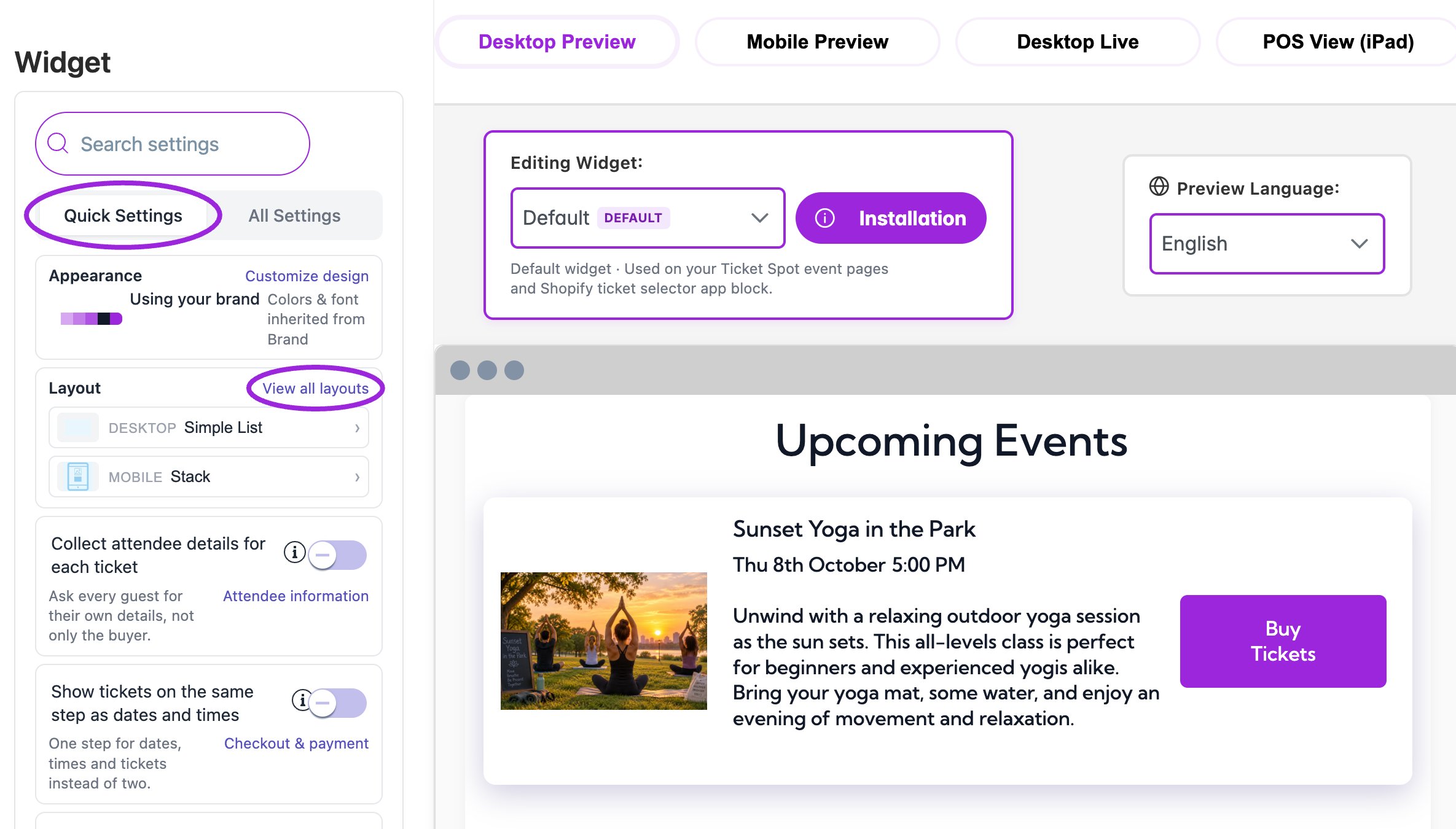 Design → Widget starts with Quick Settings beside the live event preview.